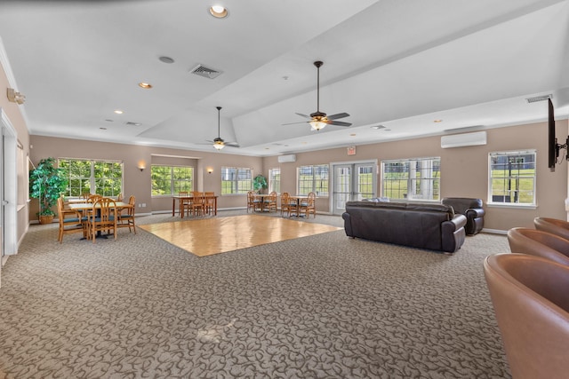 48 Sparrow Ridge Rd, Carmel, NY 10512 - carpeted living room featuring recessed lighting, plenty of natural light, a raised ceiling, and ceiling fan