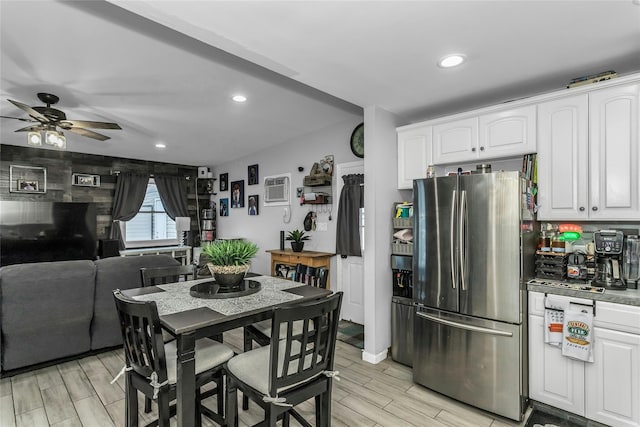 18 Seawane Rd, East Rockaway, NY 11518 - kitchen featuring freestanding refrigerator, ceiling fan, white cabinetry, wood tiled floors, and recessed lighting
