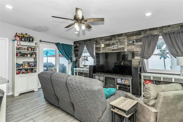 18 Seawane Rd, East Rockaway, NY 11518 - living room with a ceiling fan, recessed lighting, and light wood-style flooring
