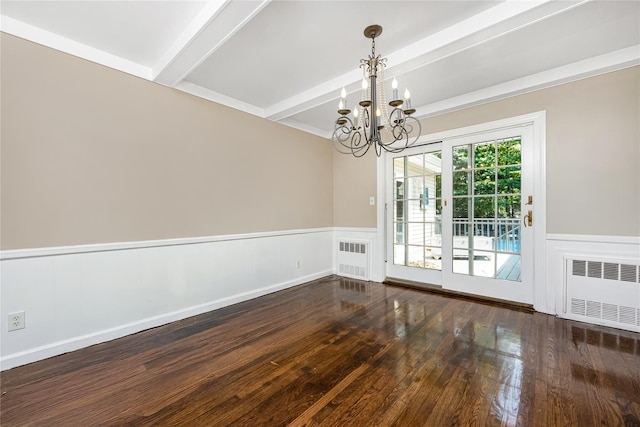 45 Mc Cue Ln, Babylon, NY 11702 - unfurnished dining area with radiator, beam ceiling, hardwood / wood-style flooring, a chandelier, and a wainscoted wall