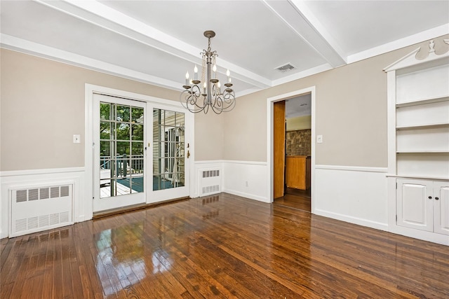 45 Mc Cue Ln, Babylon, NY 11702 - unfurnished dining area featuring radiator heating unit, a chandelier, beam ceiling, a wainscoted wall, and wood-type flooring