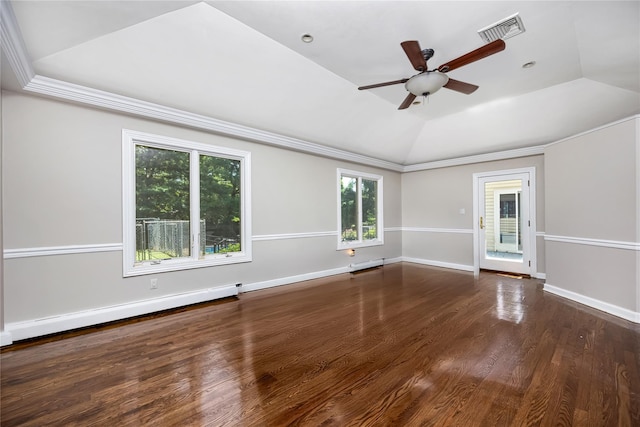 45 Mc Cue Ln, Babylon, NY 11702 - empty room featuring a tray ceiling, a baseboard heating unit, ceiling fan, wood finished floors, and ornamental molding