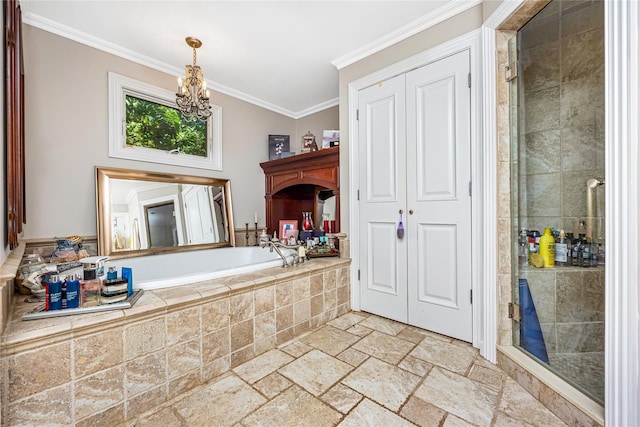 45 Mc Cue Ln, Babylon, NY 11702 - full bath with crown molding, a shower stall, a chandelier, a garden tub, and stone tile floors