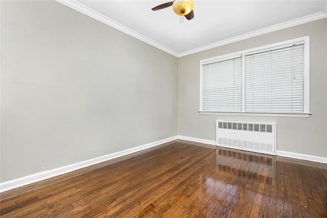 45 Mc Cue Ln, Babylon, NY 11702 - empty room with radiator heating unit, ornamental molding, dark wood finished floors, and a ceiling fan
