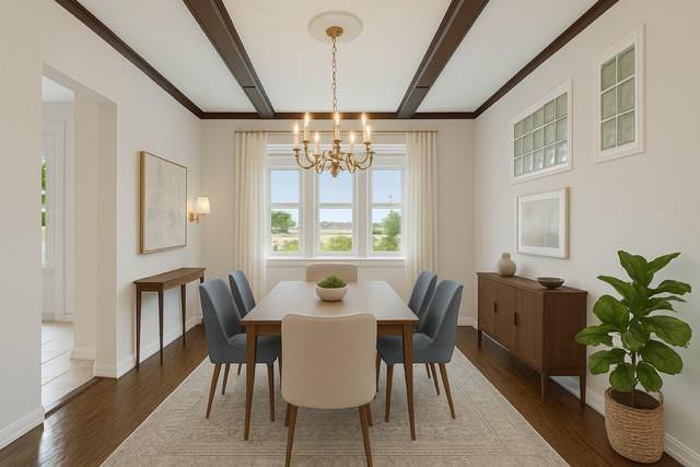 401 Ocean Ave, Malverne, NY 11565 - dining area featuring a chandelier, wood finished floors, and beamed ceiling