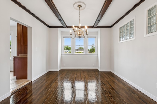 401 Ocean Ave, Malverne, NY 11565 - spare room with a chandelier, wood-type flooring, and beam ceiling