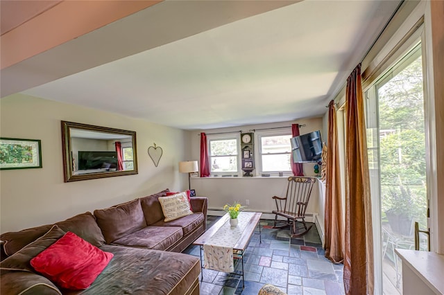 123 Lake St, Islip, NY 11751 - living room featuring stone tile flooring and baseboard heating