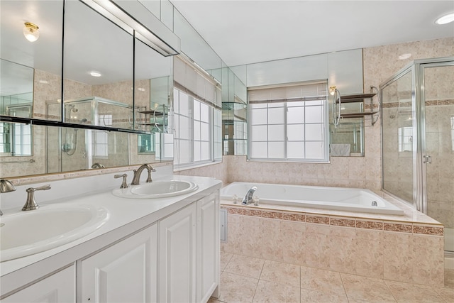 230 W Beech St, Long Beach, NY 11561 - full bath featuring a bath, a stall shower, double vanity, and tile patterned flooring