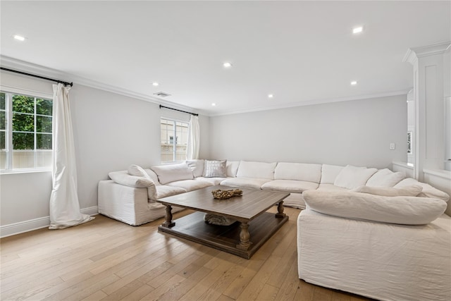 230 W Beech St, Long Beach, NY 11561 - living room with healthy amount of natural light, ornamental molding, light wood-style floors, and recessed lighting