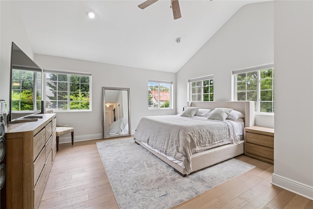 230 W Beech St, Long Beach, NY 11561 - bedroom featuring light wood-style floors, high vaulted ceiling, ceiling fan, and recessed lighting