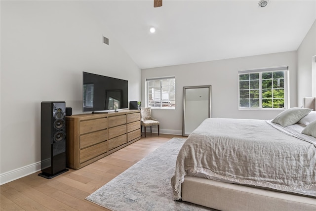 230 W Beech St, Long Beach, NY 11561 - bedroom with light wood-style floors, multiple windows, high vaulted ceiling, recessed lighting, and ceiling fan