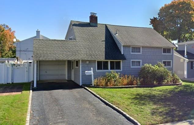 127 Brittle Ln, Hicksville, NY 11801 - view of front of home with an attached garage, driveway, and a chimney