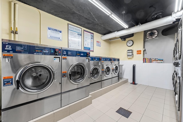 68-20 Selfridge St Unit 6H, Forest Hills, NY 11375 - shared laundry room with washer and clothes dryer, tile walls, a wainscoted wall, and tile patterned flooring