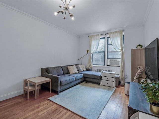102-12 65th Ave Unit D22, Forest Hills, NY 11375 - living room featuring ornamental molding, a chandelier, wood finished floors, and cooling unit