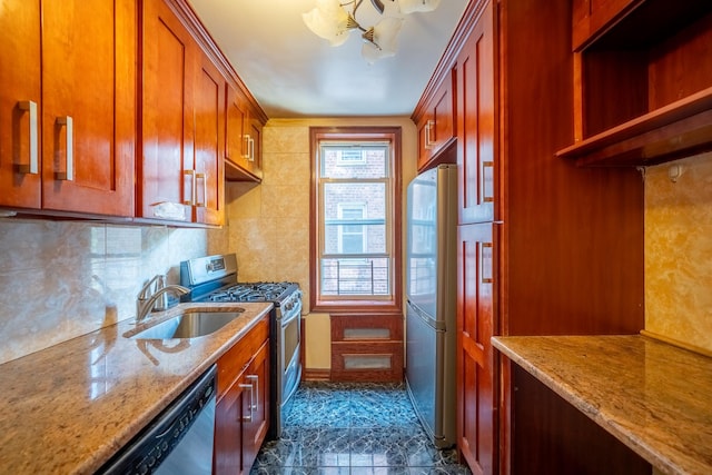 62-59 108th St Unit 4N, Forest Hills, NY 11375 - kitchen with stainless steel appliances, light stone countertops, decorative backsplash, brown cabinets, and a chandelier