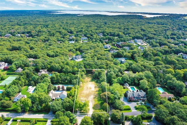 34 Old Main Rd, Quogue, NY 11959 - aerial view of property and surrounding area featuring property boundaries highlighted and a nearby body of water