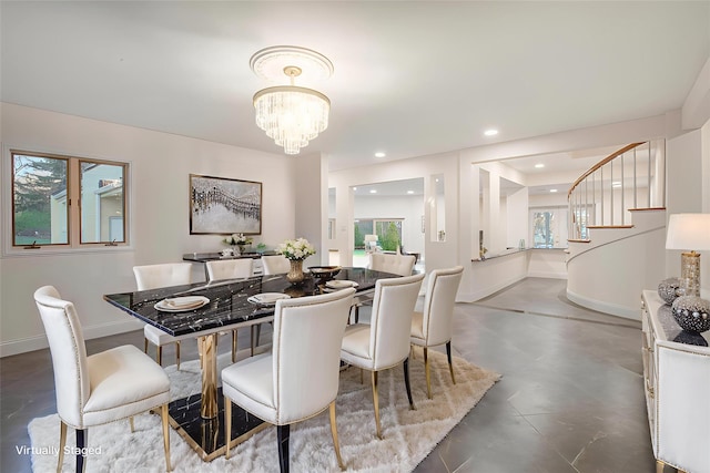 530 S Centre Island Rd, Centre Island, NY 11771 - dining space with a chandelier, stairs, and recessed lighting