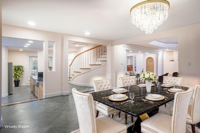 530 S Centre Island Rd, Centre Island, NY 11771 - dining area with stairs, a chandelier, and recessed lighting