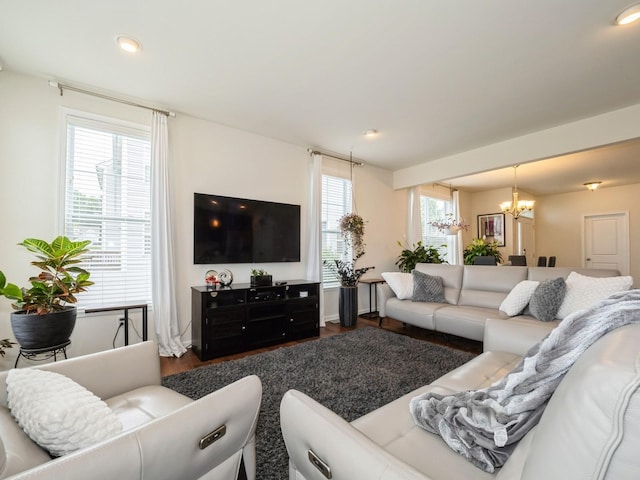 57 Lewis Rd, Hopewell Junction, NY 12533 - living area featuring a chandelier, dark wood-type flooring, and recessed lighting