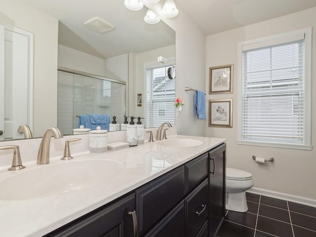 57 Lewis Rd, Hopewell Junction, NY 12533 - full bath featuring tile patterned flooring, double vanity, a shower stall, and lofted ceiling