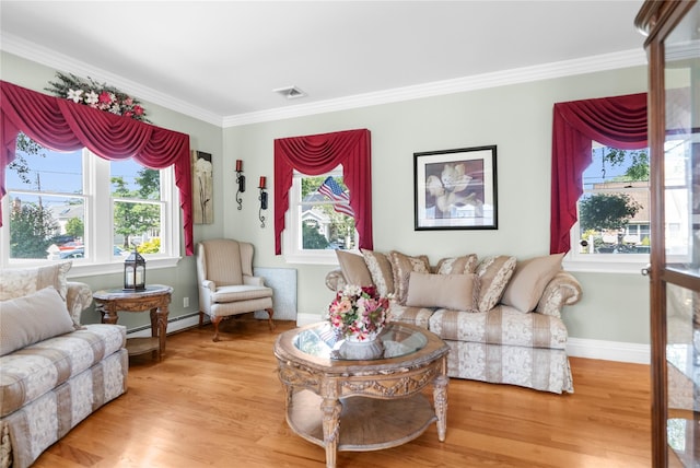 565 S 8th St, Lindenhurst, NY 11757 - living area with a baseboard radiator, crown molding, and light wood-type flooring
