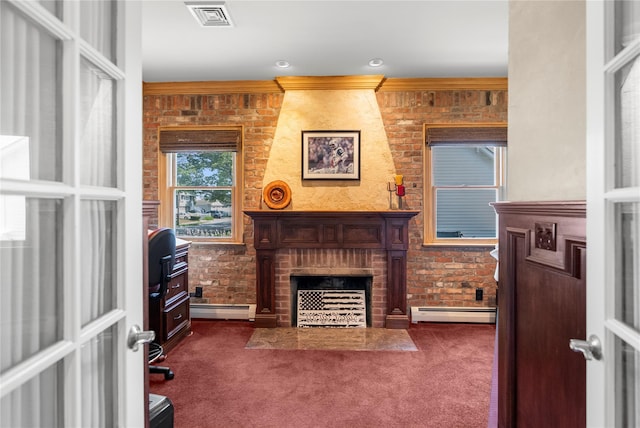 565 S 8th St, Lindenhurst, NY 11757 - home office featuring baseboard heating, a fireplace, and dark colored carpet