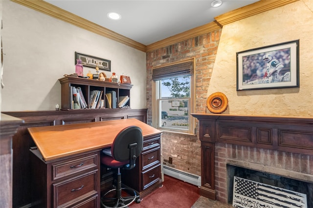 565 S 8th St, Lindenhurst, NY 11757 - office area featuring ornamental molding, baseboard heating, dark colored carpet, and a brick fireplace