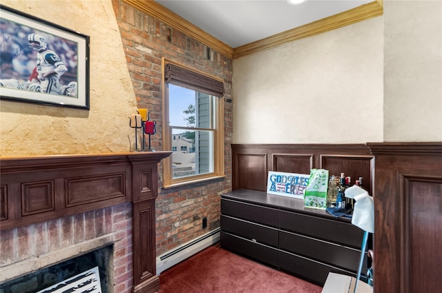 565 S 8th St, Lindenhurst, NY 11757 - bedroom with a baseboard heating unit, crown molding, dark colored carpet, and a brick fireplace