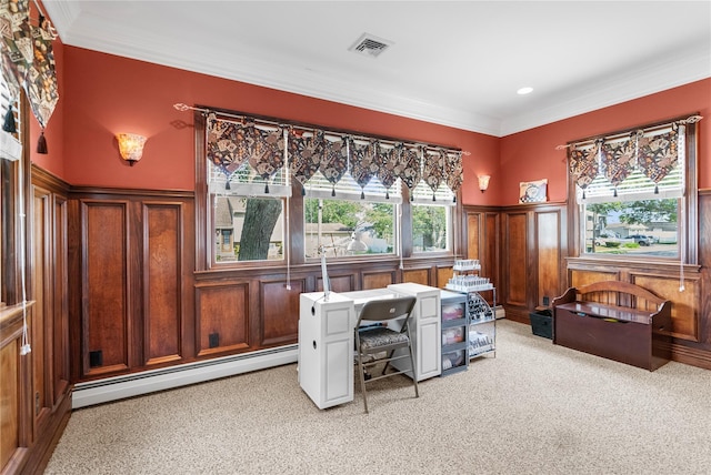 565 S 8th St, Lindenhurst, NY 11757 - office with a baseboard heating unit, light colored carpet, ornamental molding, wainscoting, and a decorative wall