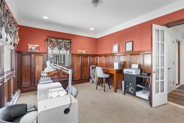 565 S 8th St, Lindenhurst, NY 11757 - office area with crown molding, light colored carpet, a wainscoted wall, recessed lighting, and french doors