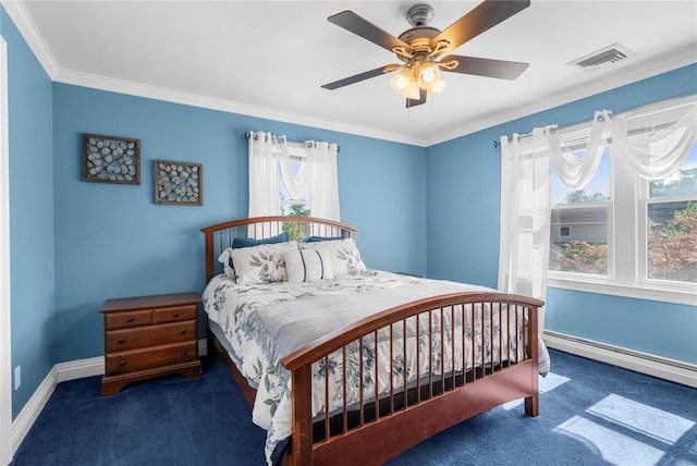 565 S 8th St, Lindenhurst, NY 11757 - bedroom featuring carpet flooring, multiple windows, ornamental molding, a ceiling fan, and baseboard heating