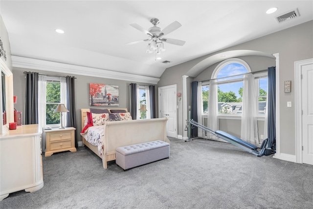 565 S 8th St, Lindenhurst, NY 11757 - bedroom featuring carpet floors, arched walkways, recessed lighting, a ceiling fan, and vaulted ceiling