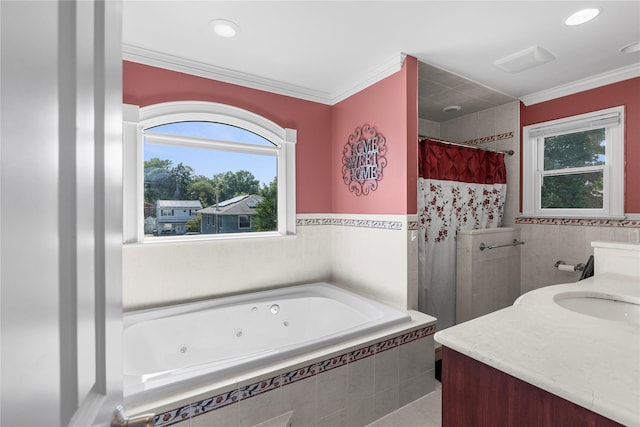 565 S 8th St, Lindenhurst, NY 11757 - bathroom with healthy amount of natural light, a tub with jets, a tile shower, crown molding, and vanity