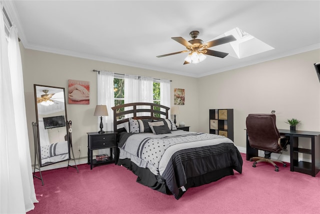 565 S 8th St, Lindenhurst, NY 11757 - bedroom featuring a skylight, carpet flooring, ornamental molding, and a ceiling fan
