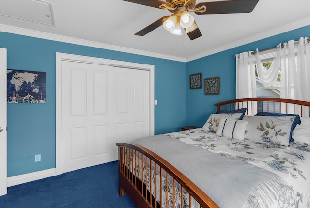 565 S 8th St, Lindenhurst, NY 11757 - carpeted bedroom featuring a closet, crown molding, and a ceiling fan