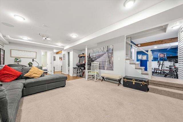 48 Eastview Rd, Highland Mills, NY 10930 - carpeted living area featuring stairway and recessed lighting