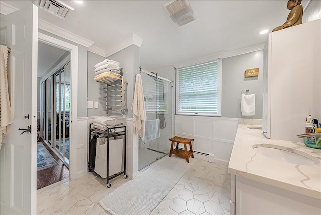 48 Eastview Rd, Highland Mills, NY 10930 - bathroom with crown molding, a shower stall, double vanity, a decorative wall, and marble finish flooring