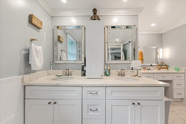 48 Eastview Rd, Highland Mills, NY 10930 - full bath featuring double vanity, ornamental molding, and marble finish flooring