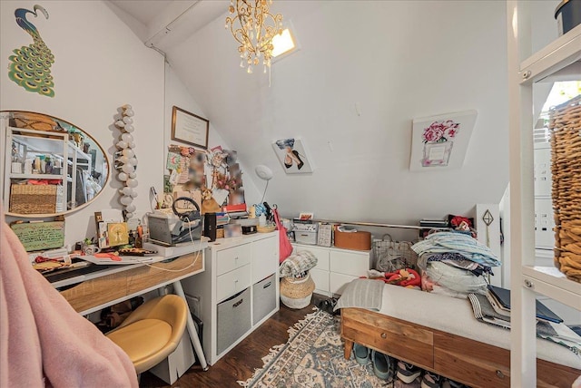 48 Eastview Rd, Highland Mills, NY 10930 - bedroom featuring dark wood-style floors, lofted ceiling, and a chandelier