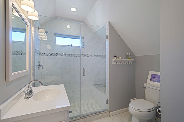 43 E Jackson Ave, Babylon, NY 11702 - full bathroom featuring marble finish flooring, vanity, healthy amount of natural light, a shower stall, and lofted ceiling