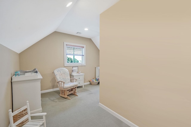 43 E Jackson Ave, Babylon, NY 11702 - living area featuring light carpet, vaulted ceiling, and recessed lighting