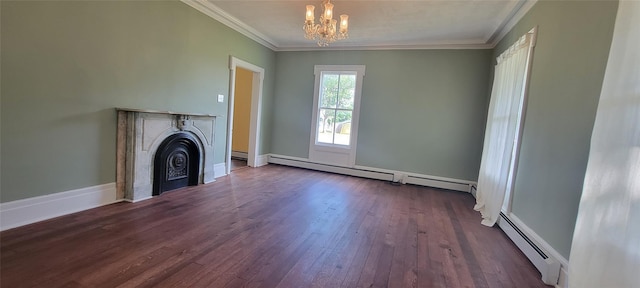 5-7 Myrtle Ave, Pine Plains, NY 12567 - unfurnished living room featuring a baseboard radiator, a chandelier, dark wood-type flooring, crown molding, and a baseboard heating unit