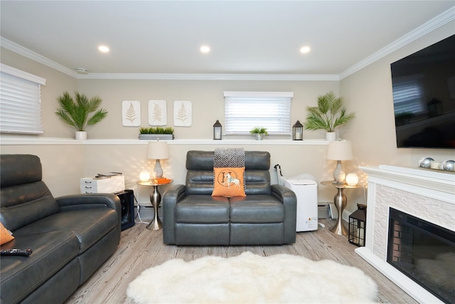 112 N Columbus Ave, Mount Vernon, NY 10553 - living room featuring wood finished floors, ornamental molding, a stone fireplace, a baseboard radiator, and recessed lighting