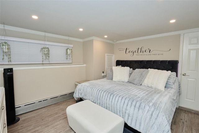 112 N Columbus Ave, Mount Vernon, NY 10553 - bedroom with a baseboard radiator, light wood-style flooring, ornamental molding, and recessed lighting