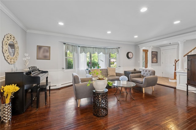 40 Spray Ct, Bayport, NY 11705 - living room featuring decorative columns, wainscoting, ornamental molding, wood-type flooring, and a decorative wall