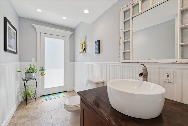 40 Spray Ct, Bayport, NY 11705 - bathroom with a wainscoted wall, vanity, and recessed lighting