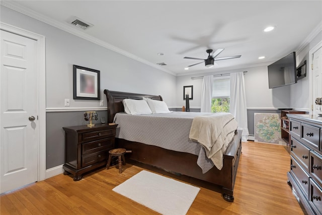 40 Spray Ct, Bayport, NY 11705 - bedroom with light wood-style floors, ornamental molding, recessed lighting, and a ceiling fan