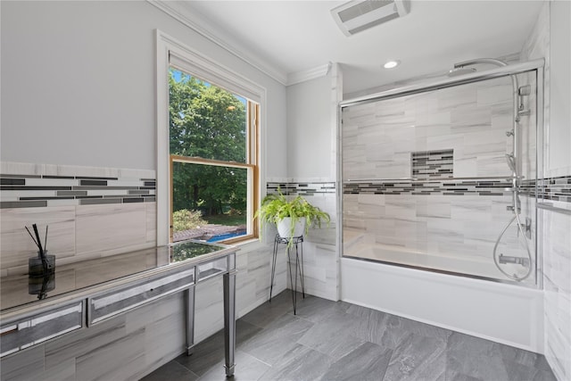 40 Spray Ct, Bayport, NY 11705 - full bath featuring crown molding, bath / shower combo with glass door, and recessed lighting
