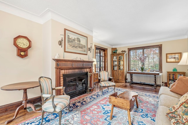 537 Moriches Rd, Head Of The Harbor, NY 11780 - living area featuring radiator heating unit, wood finished floors, a fireplace, and ornamental molding
