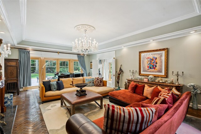 10 Laurel Woods Dr, Upper Brookville, NY 11771 - living room with a chandelier, a tray ceiling, and crown molding